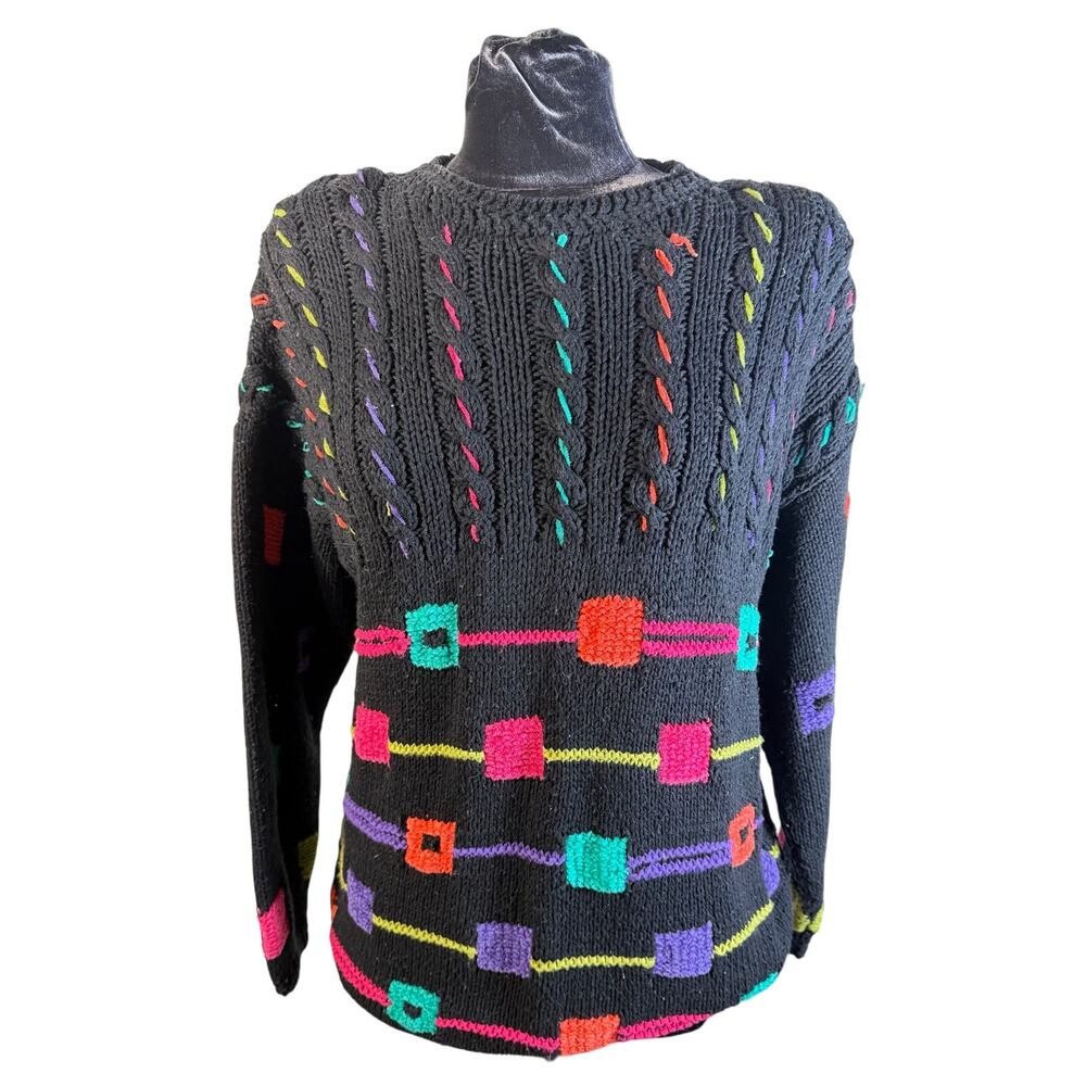 Vintage 80s 90s Josephine Chaus 3D Cable Knit Sweater Black Colorful Geometric M